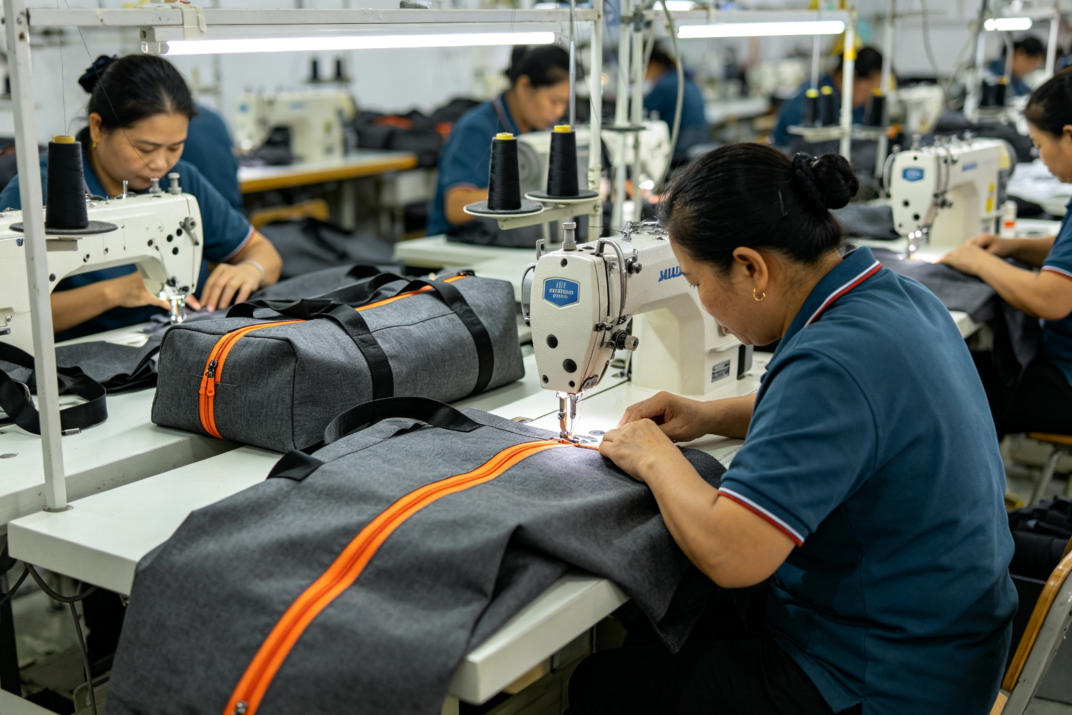 Sewing production line with workers sewing charcoal grey duffel bags with orange accent zippers on industrial sewing machines