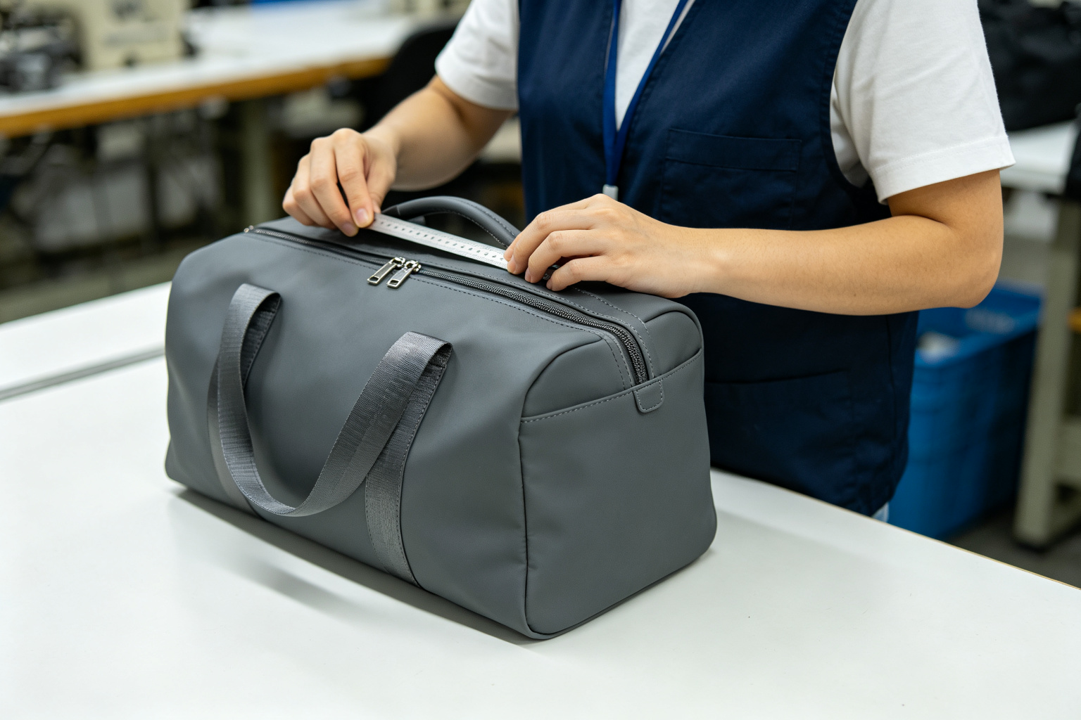 QC inspector examining a finished charcoal grey duffel bag at a quality control station, checking zipper and seam quality