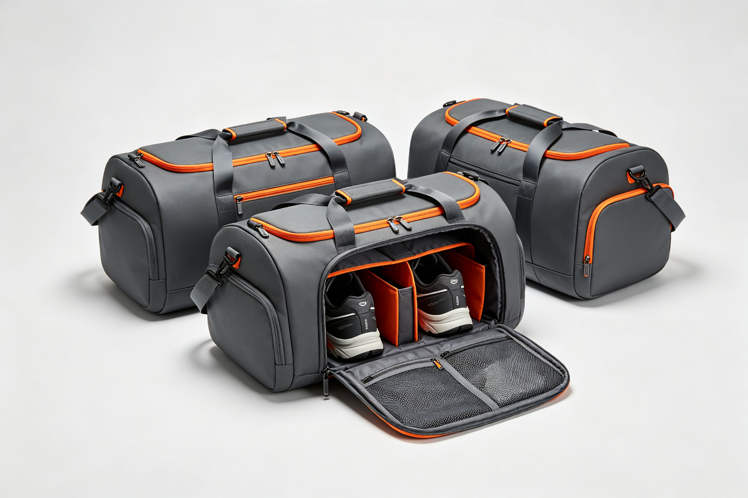 Finished charcoal grey RPET duffel bags with orange accent zippers, one open showing interior with shoe compartment divider and mesh pockets