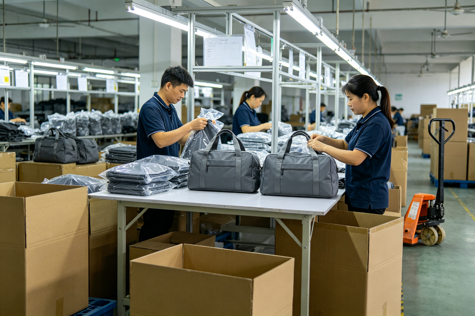Workers packaging finished charcoal grey duffel bags into individual polybags and export cartons at a factory packaging station