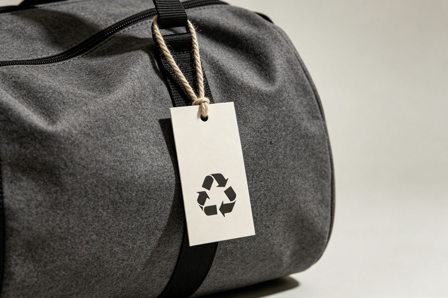 GRS recycled certification hang tag with a circular recycle symbol attached to a charcoal grey duffel bag with cotton twine