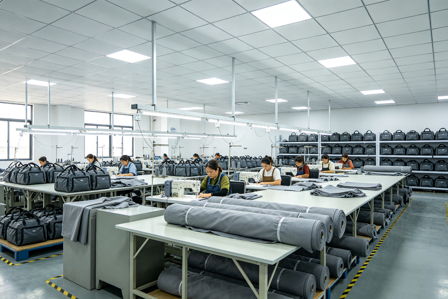 Wide angle view of a duffel bag factory with multiple sewing workstations, charcoal grey fabric rolls, and finished bags on storage racks