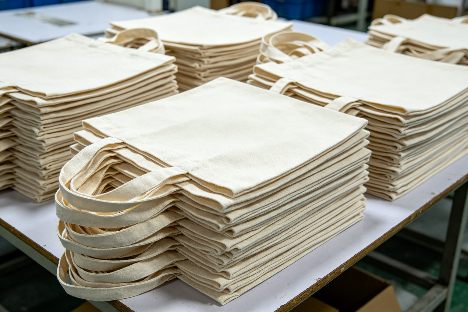 Stacks of finished natural 8oz canvas tote bags with plain handles on a factory inspection table