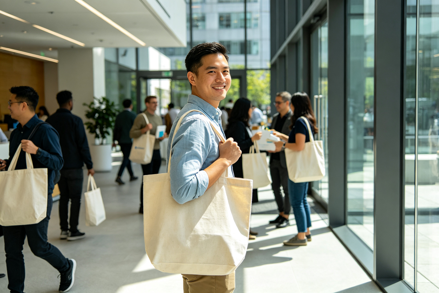 Modern US tech company office lobby with glass walls where employees carry natural canvas tote bags