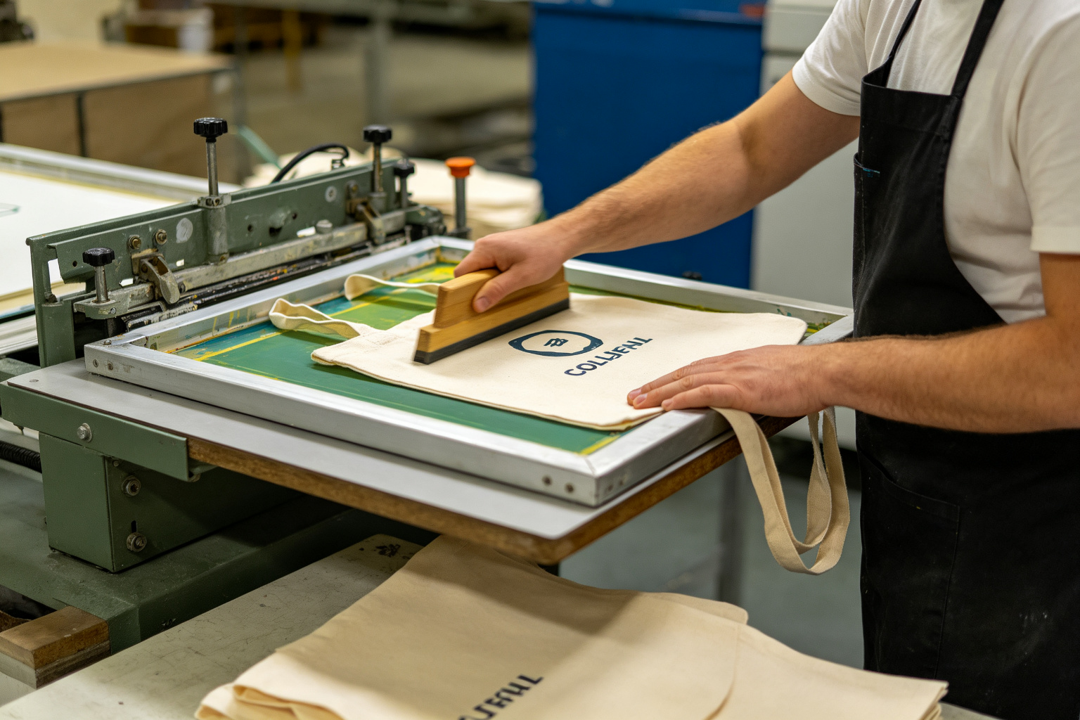 Factory worker operating a screen printing machine printing a logo onto natural canvas tote bags