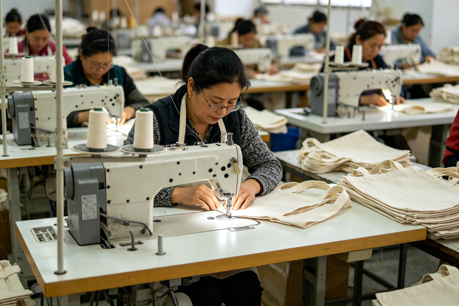 Sewing production line in a bag factory with workers sewing natural canvas tote bags on industrial sewing machines
