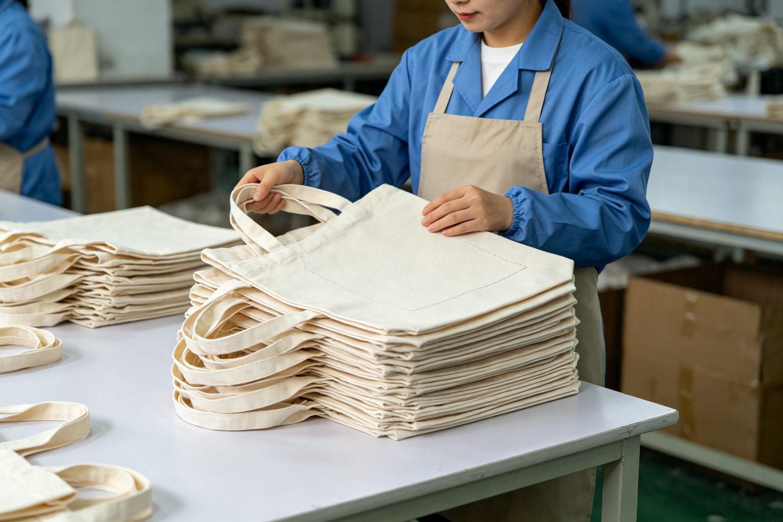 QC inspector at a quality control station examining a stack of natural canvas tote bags, checking print quality and stitching