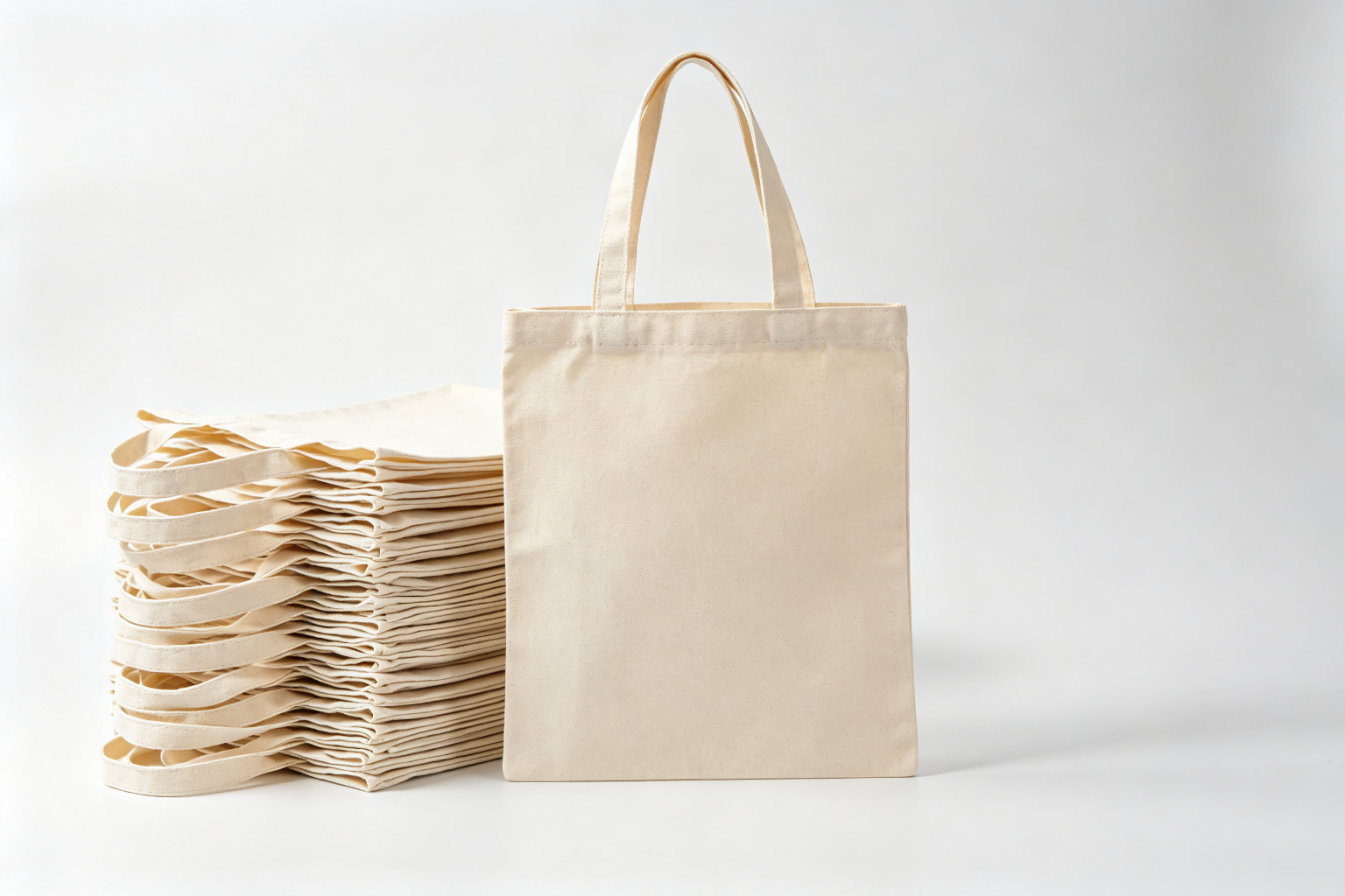 Stacked finished natural 8oz canvas tote bags with plain handles on a clean white studio background