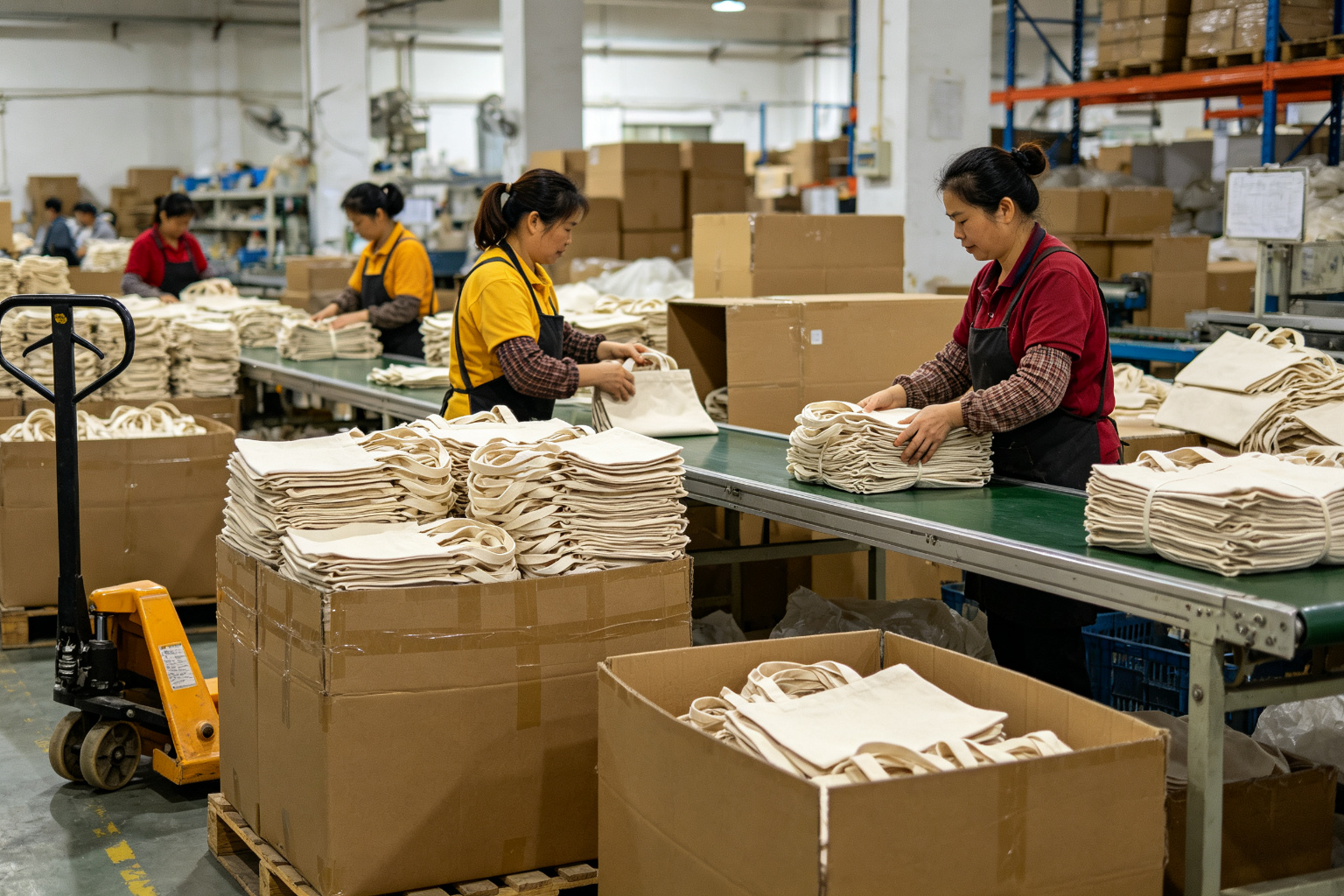Factory packaging area with workers packing finished natural canvas tote bags into bundles and export cartons