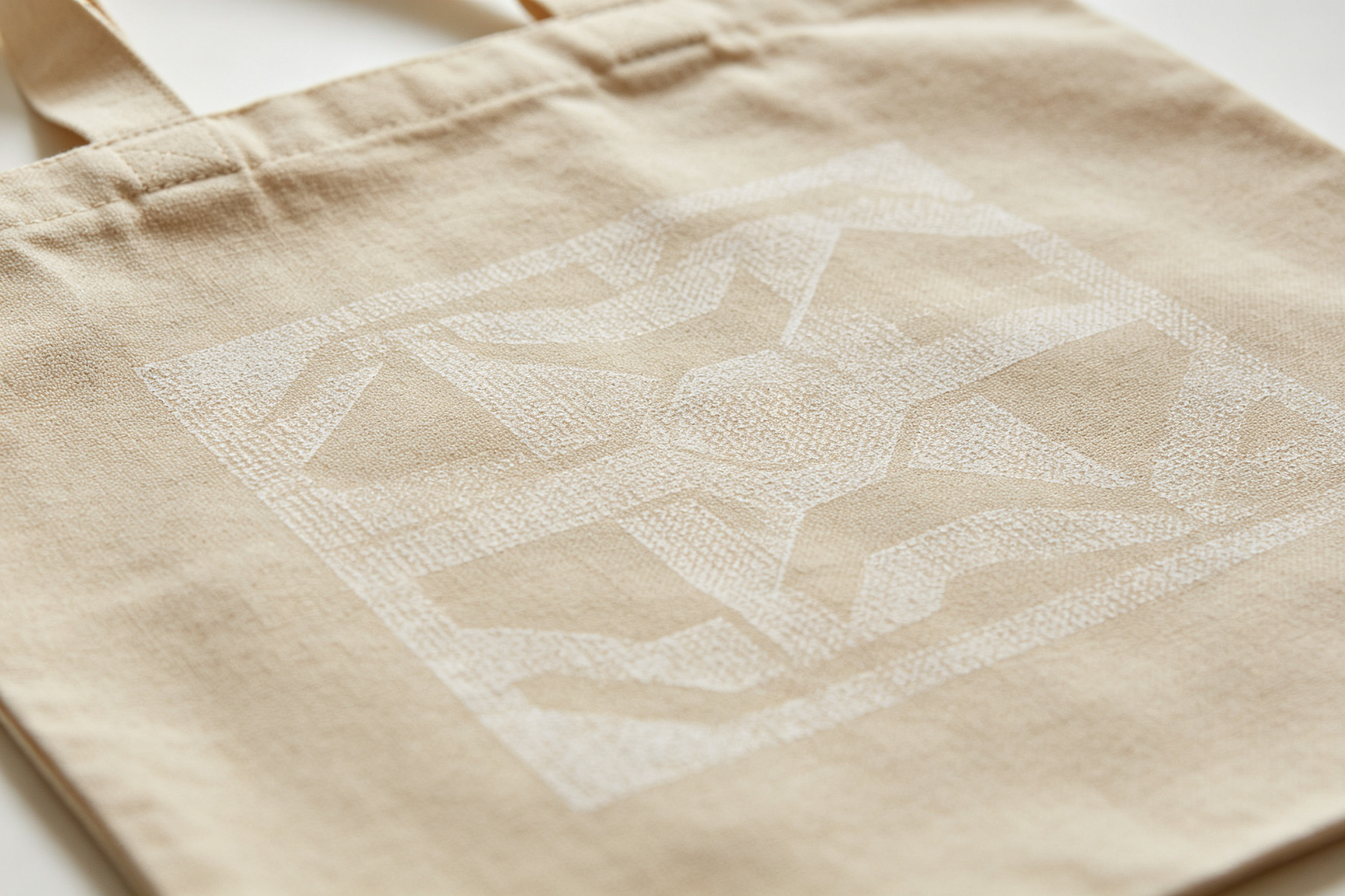 Close-up of a screen printed geometric design on a natural canvas tote bag showing the textured print surface