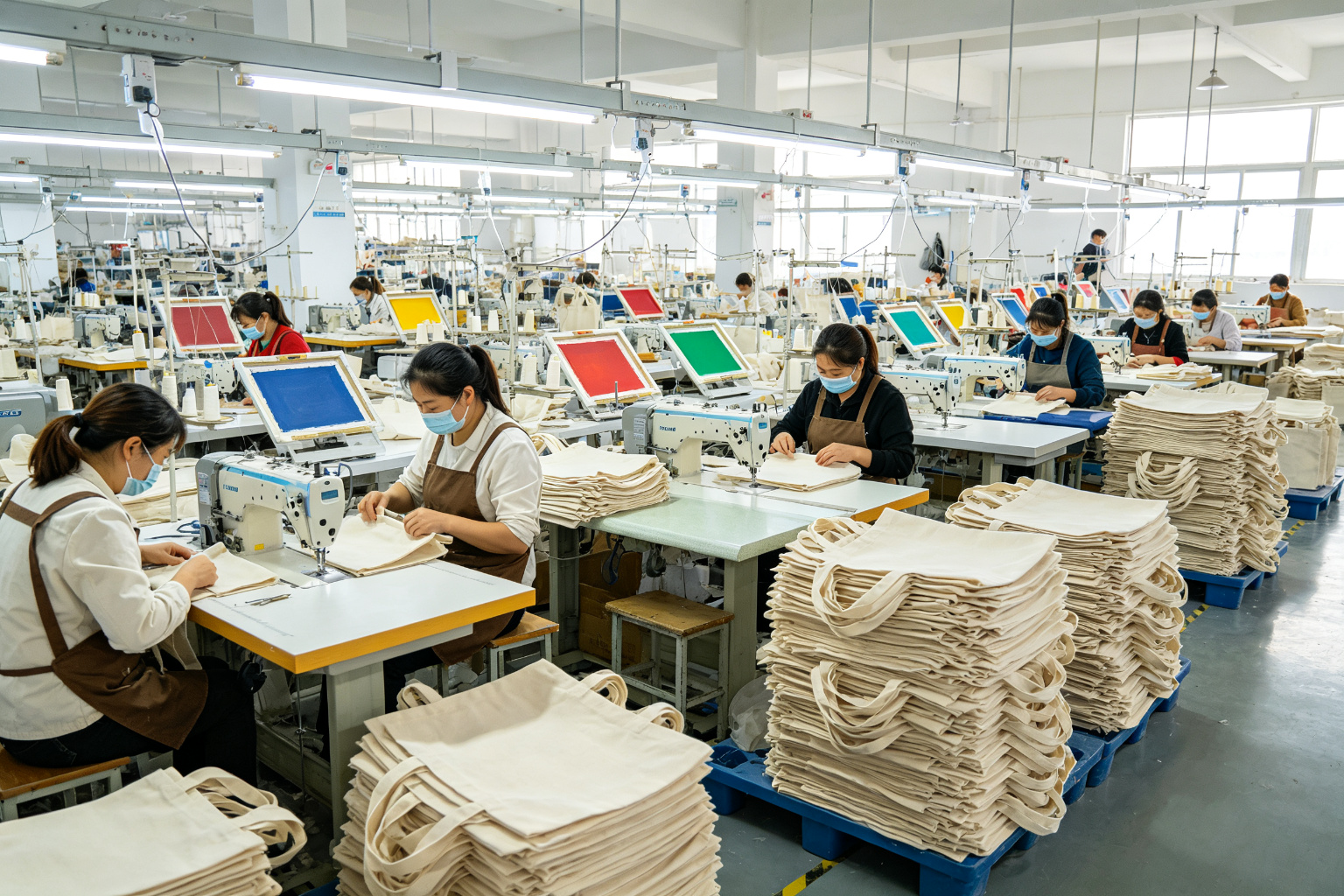 Fast-paced tote bag factory with multiple sewing lines, screen printing stations, stacks of natural canvas tote bags, and workers at workstations