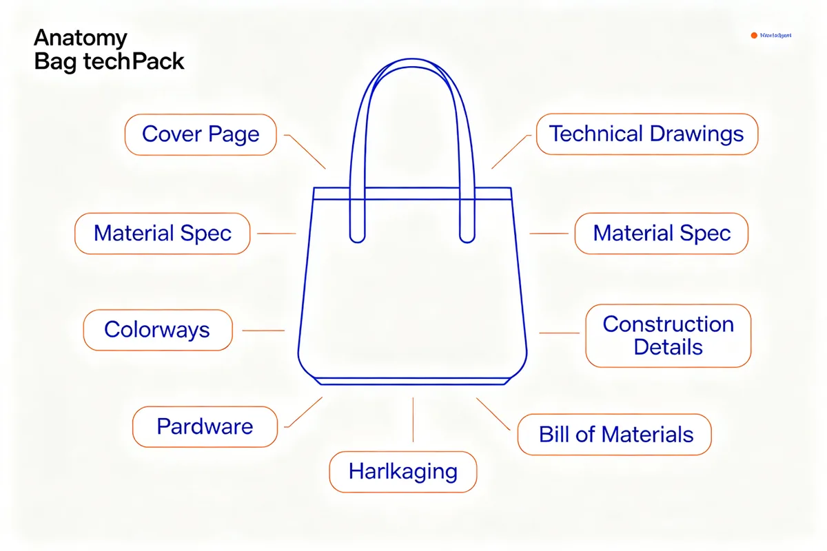 Infographic showing 8 essential sections of a bag tech pack: Cover Page, Technical Drawings, Material Spec, Colorways, Construction Details, Hardware, Packaging, Bill of Materials