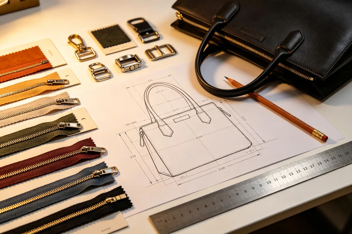 Professional bag tech pack on designer desk with fabric swatches and hardware samples