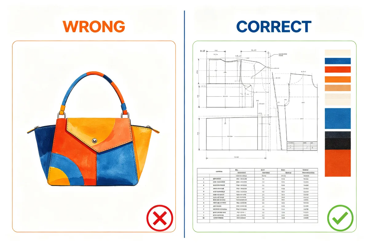 Split-screen comparison showing wrong tech pack with only a fashion illustration versus correct tech pack with technical drawings, measurement annotations, material swatches, and bill of materials table