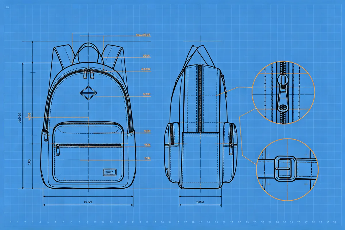 Professional technical fashion drawing of a backpack with front and side views, measurement callouts, and zoomed-in detail circles showing zipper puller, logo placement, stitching pattern, and buckle detail