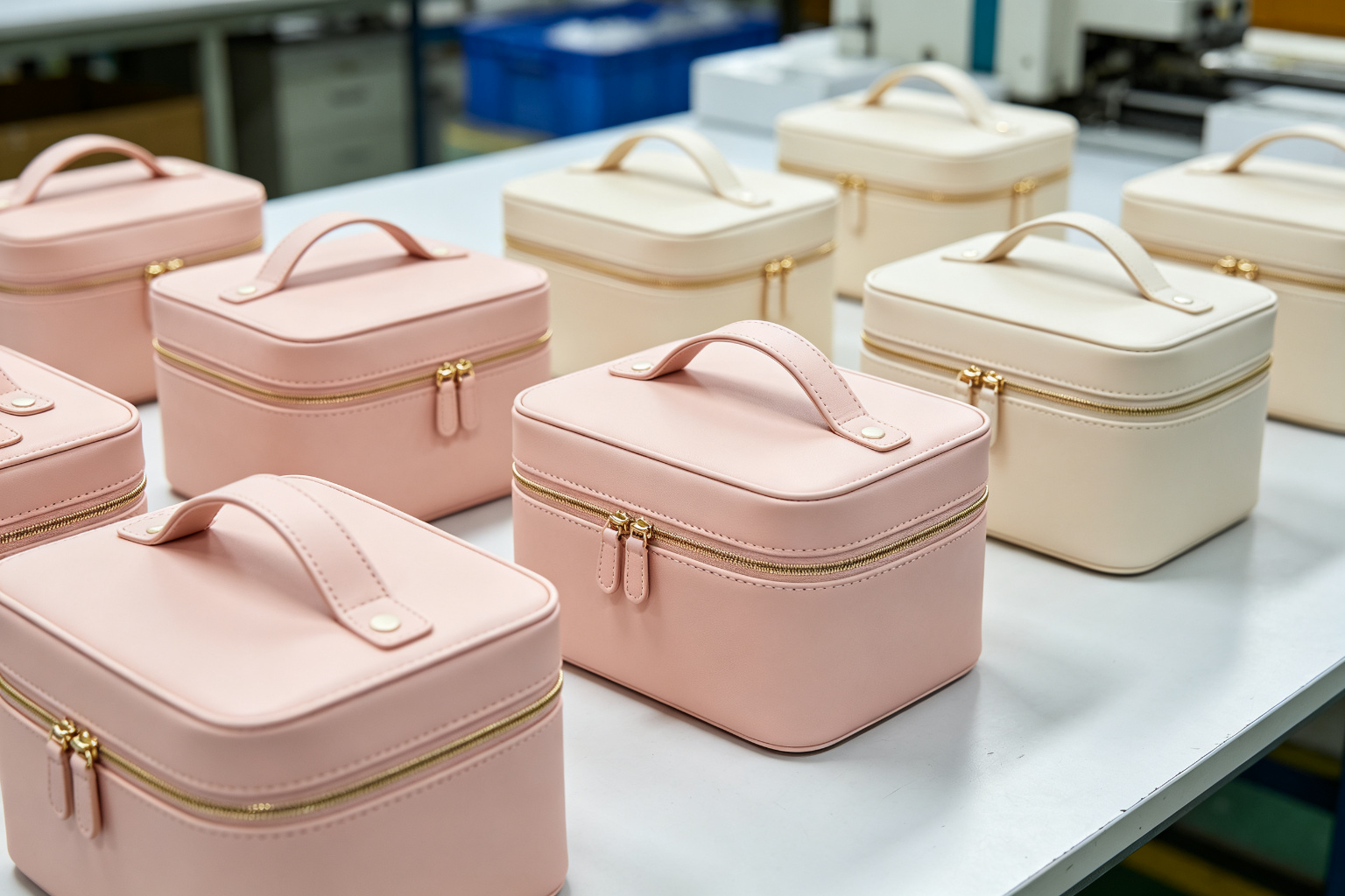 Finished vegan leather cosmetic cases in blush pink and beige with gold zippers and top handles on a factory inspection table