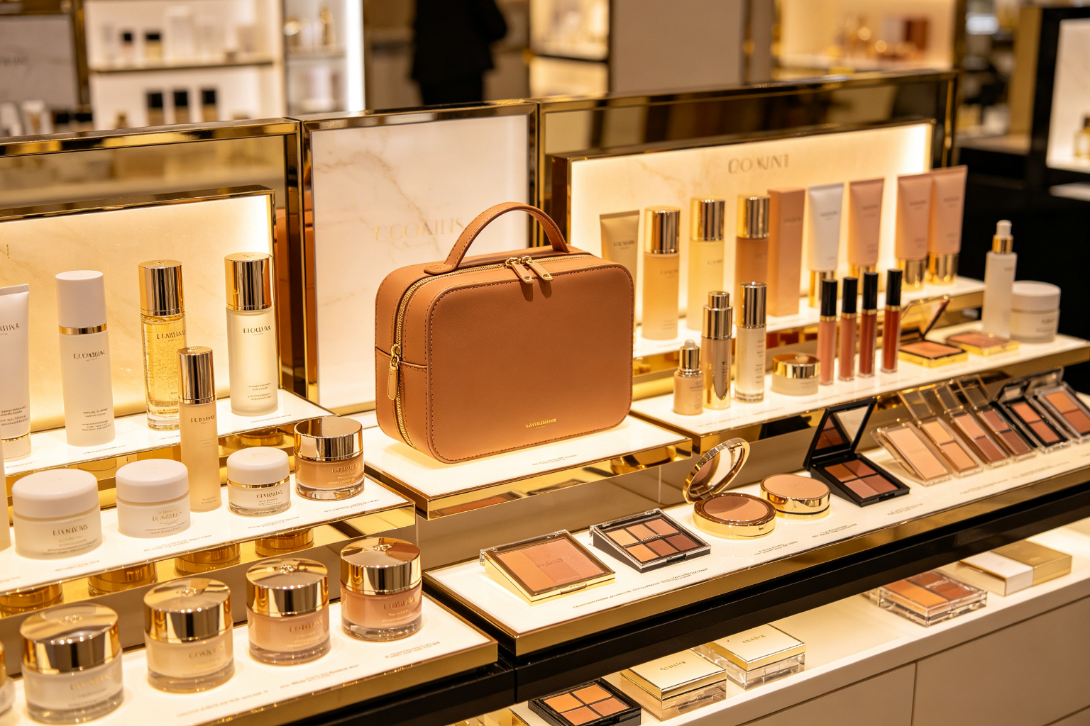 US luxury beauty retail display with skincare and makeup products and a vegan leather cosmetic case on a marble counter