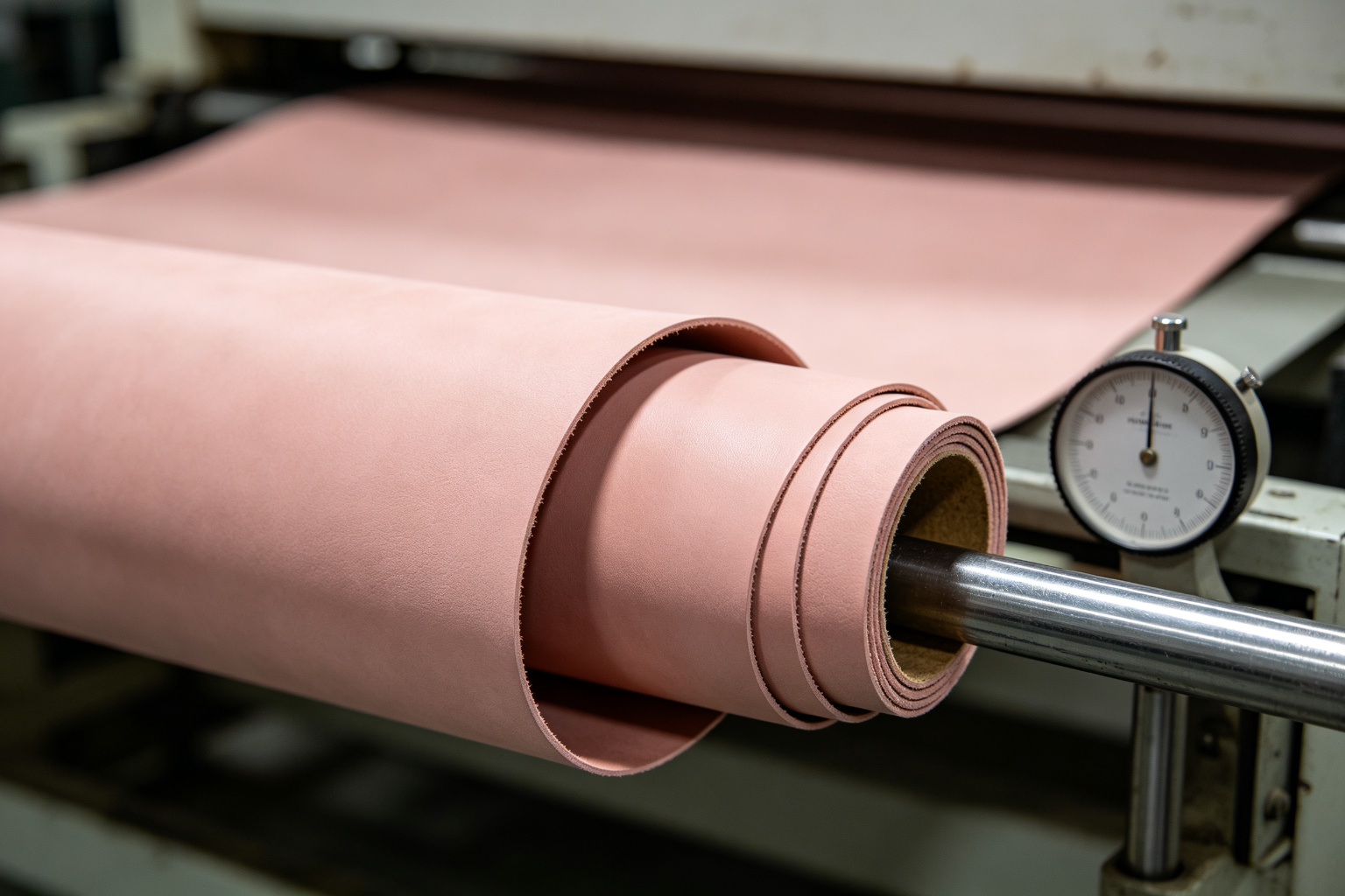 Roll of blush pink PU microfiber vegan leather material with a softness gauge measuring hand-feel on a factory shelf