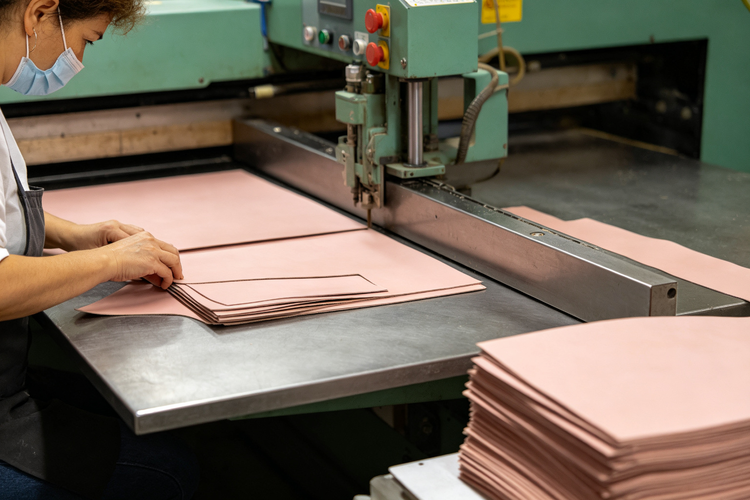 Factory worker cutting blush pink PU vegan leather panels with a cutting machine in a bag factory