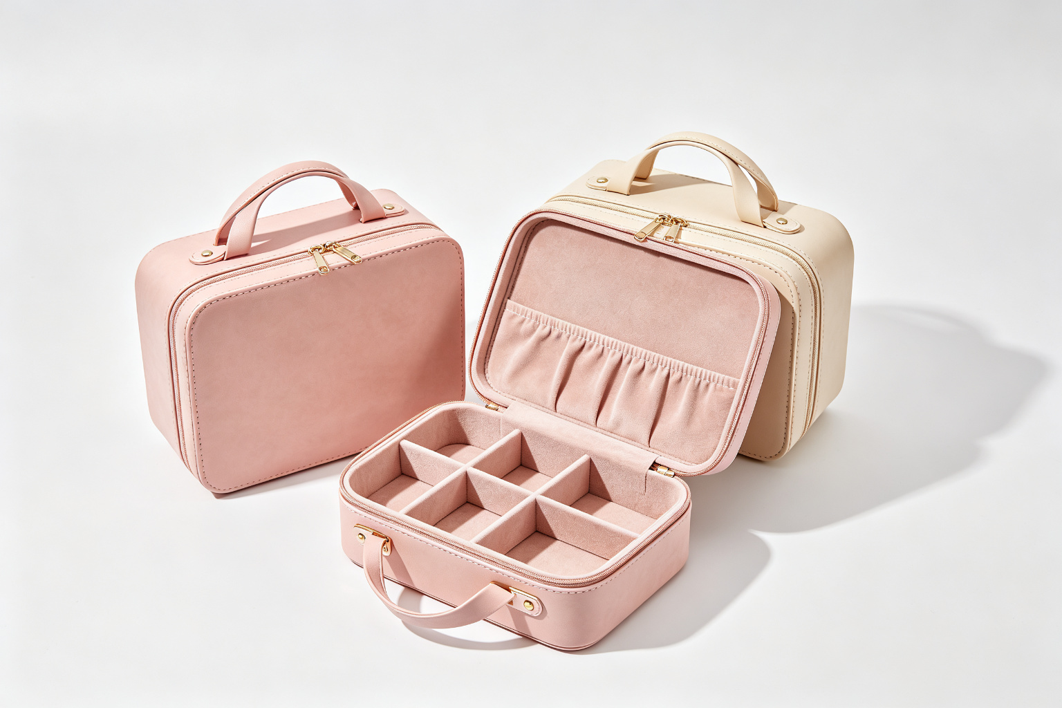 Finished vegan leather cosmetic cases in blush pink and beige with gold zippers, one open showing velvet-lined interior with divider compartments