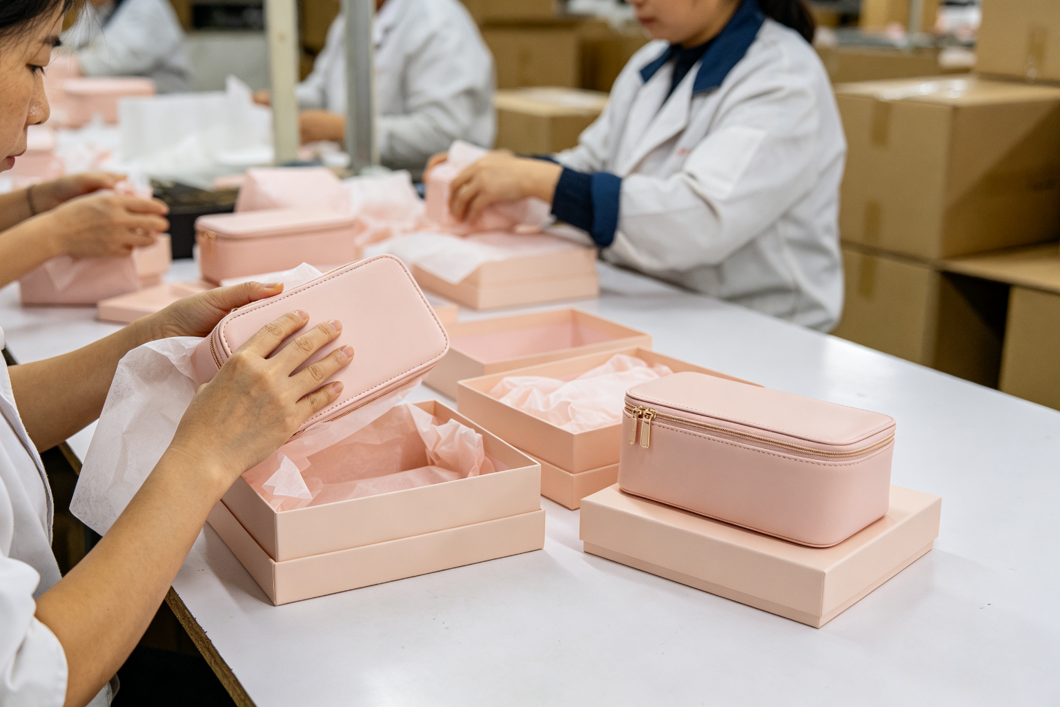 Workers packaging finished vegan leather cosmetic cases in tissue paper and placing them into elegant boxes and export cartons