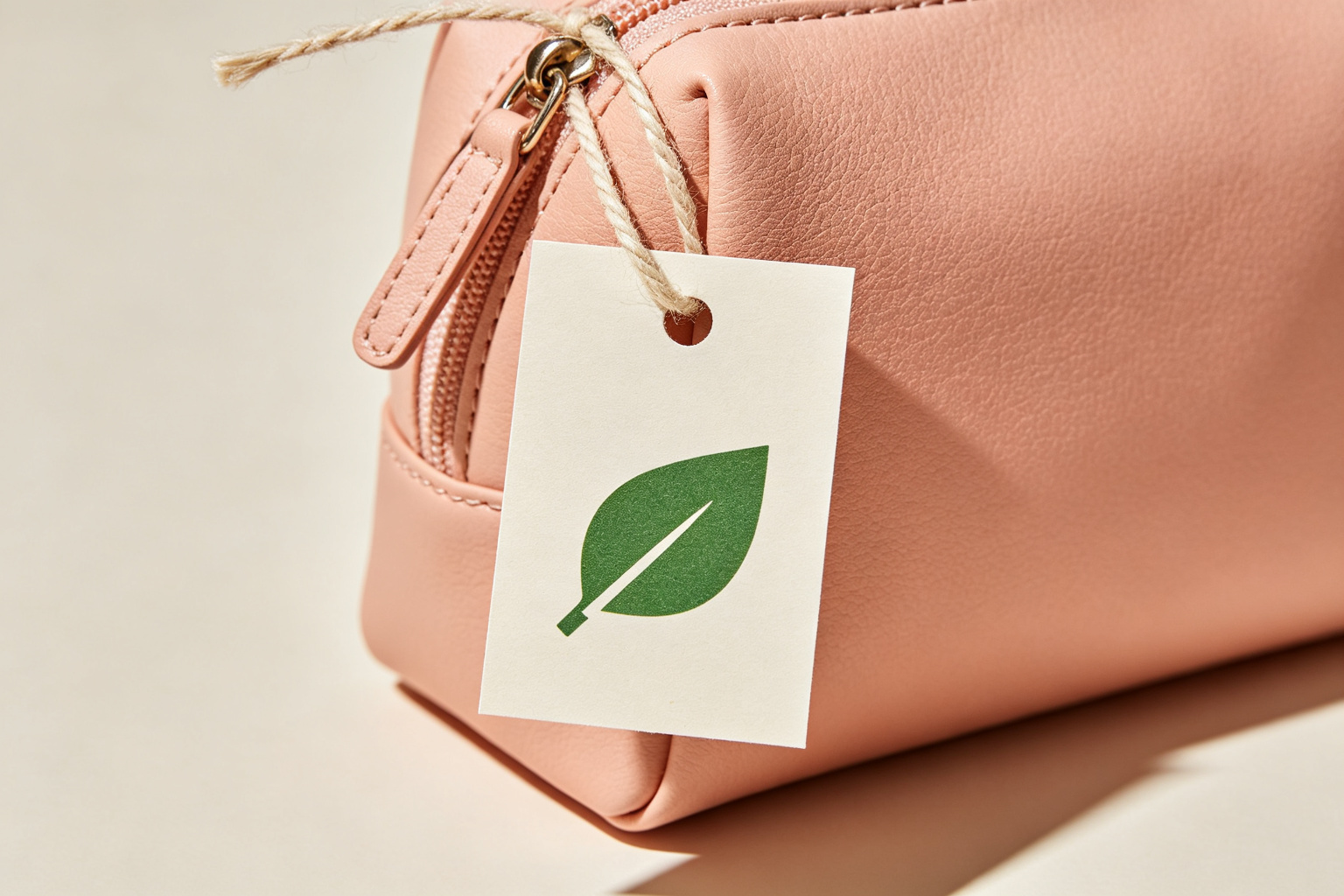 PETA-approved vegan certification hang tag attached to a blush pink vegan leather cosmetic case with cotton twine