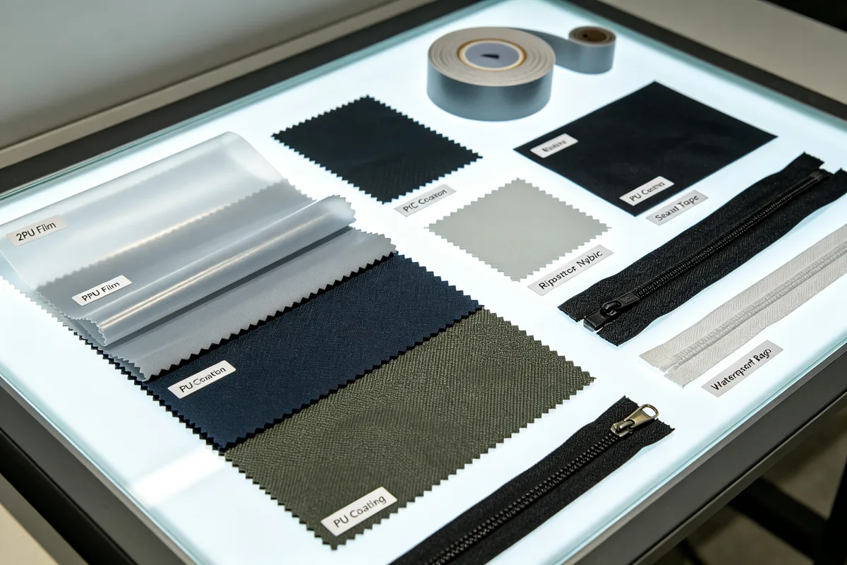 Waterproof bag material comparison including TPU film, PVC coated fabric, ripstop nylon, seam tape rolls, and waterproof zippers