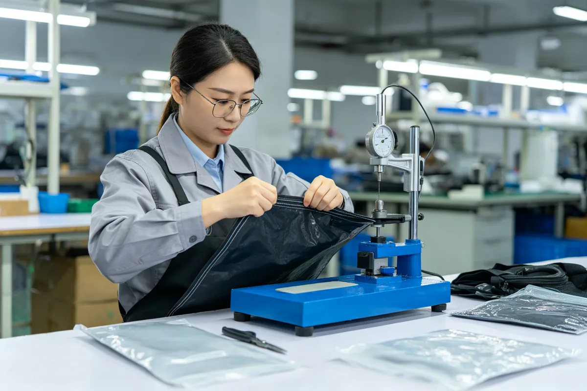 Quality control worker in a factory lab checking seam sealing and weld strength on waterproof bag samples