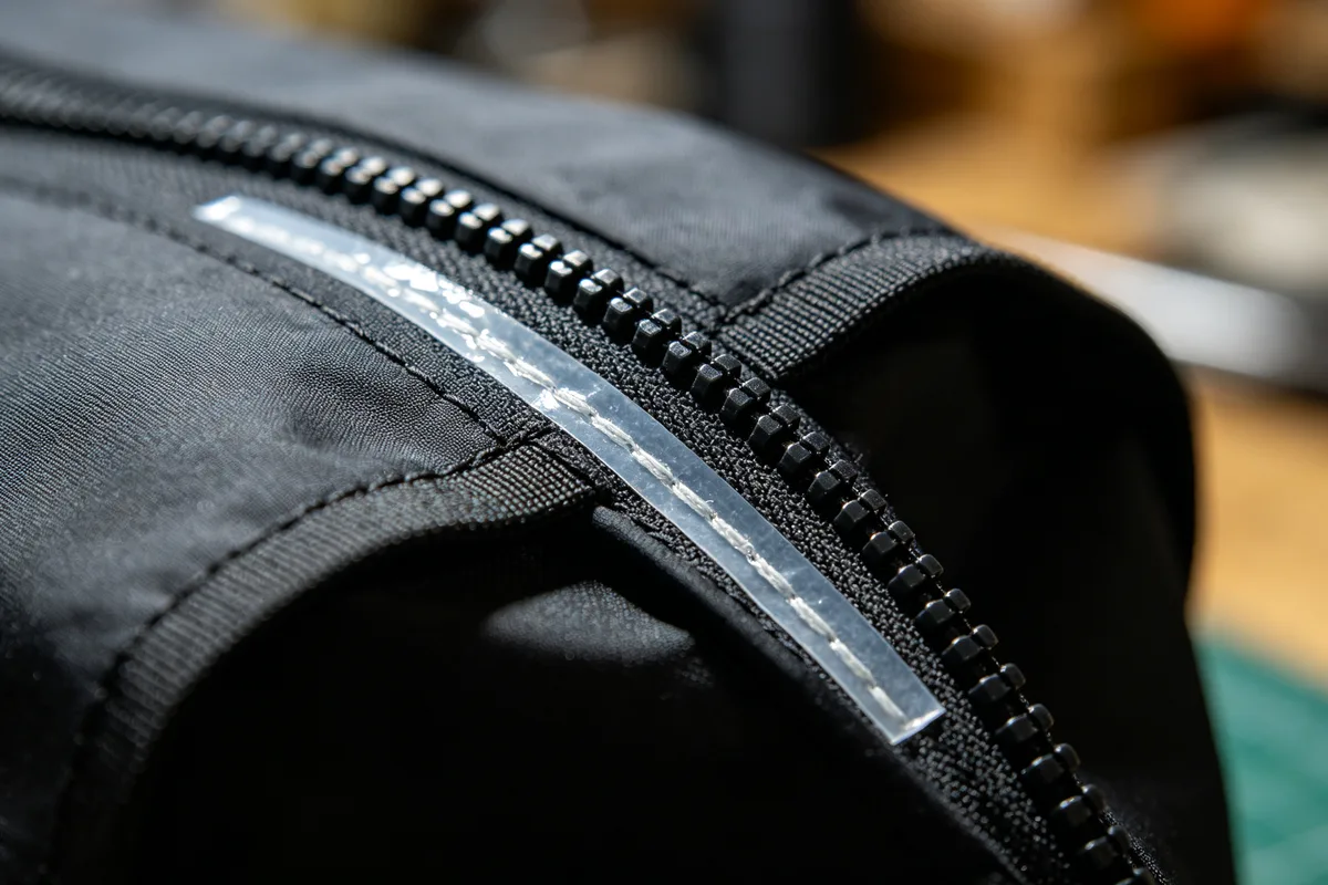 Macro close-up of waterproof seam construction with sealed seam tape and a waterproof zipper on dark technical fabric