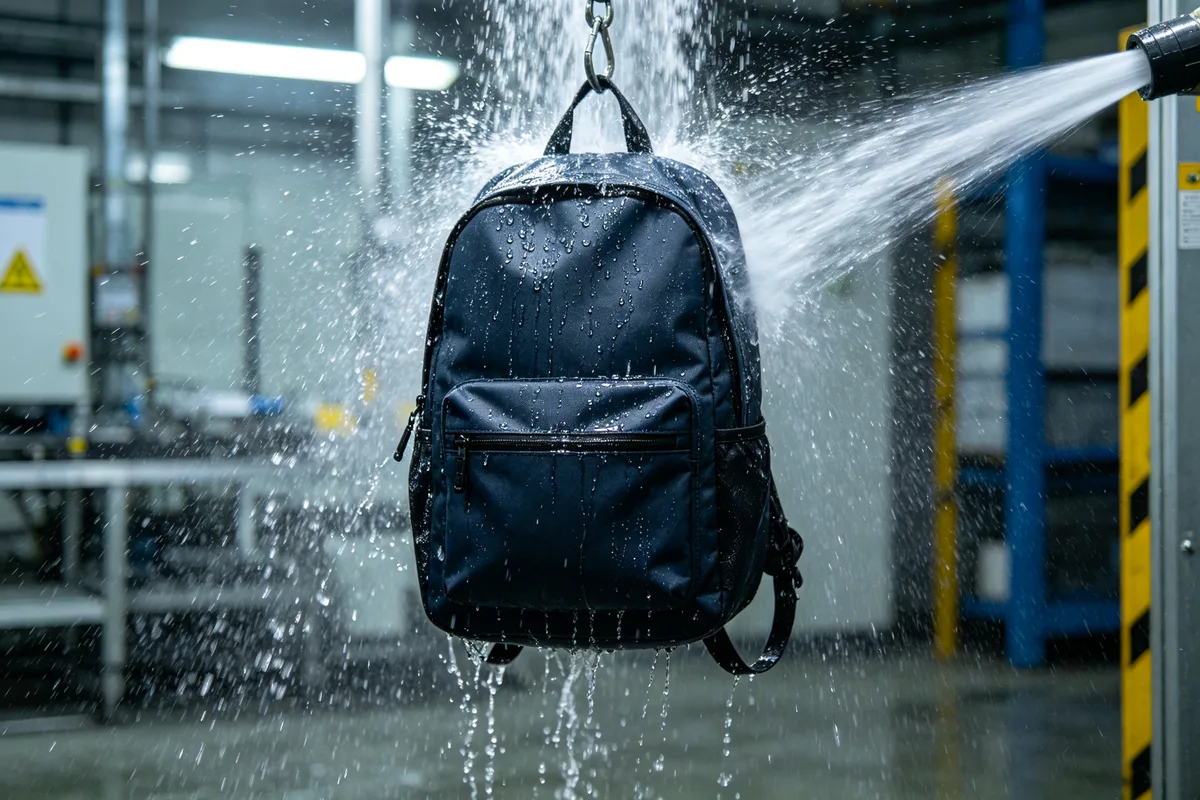 Waterproof backpack being tested with high-pressure water spray jets in a factory testing area