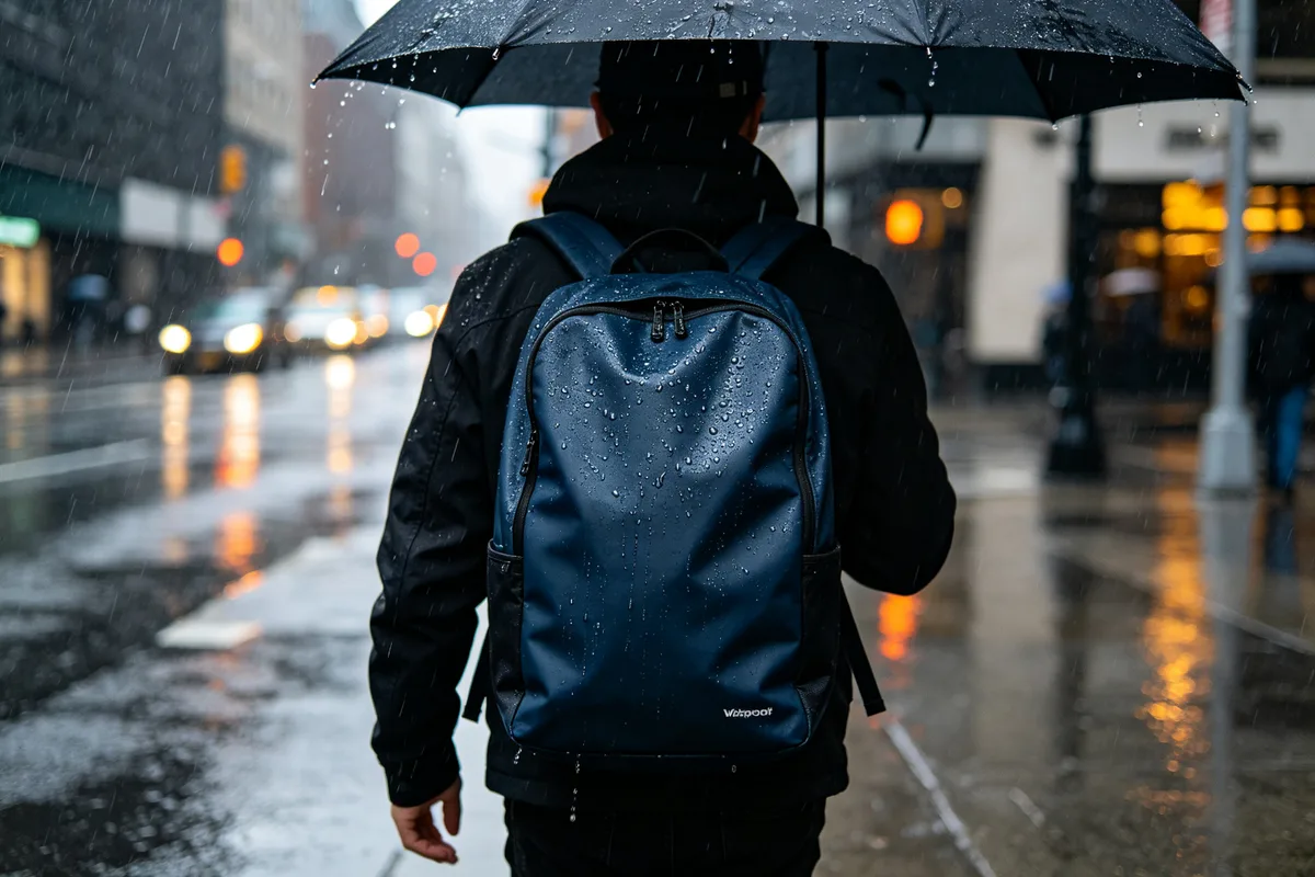 Waterproof backpack worn in heavy rain on a city street with water beading off the bag