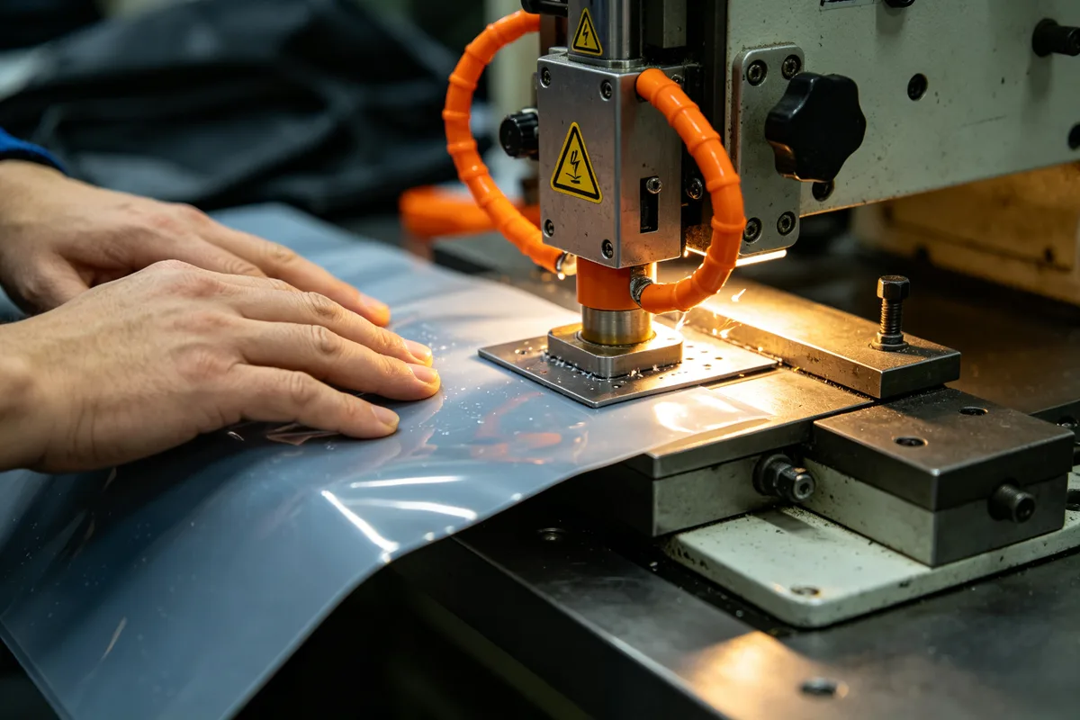 Worker operating a high-frequency RF welding machine fusing TPU panels for a waterproof bag
