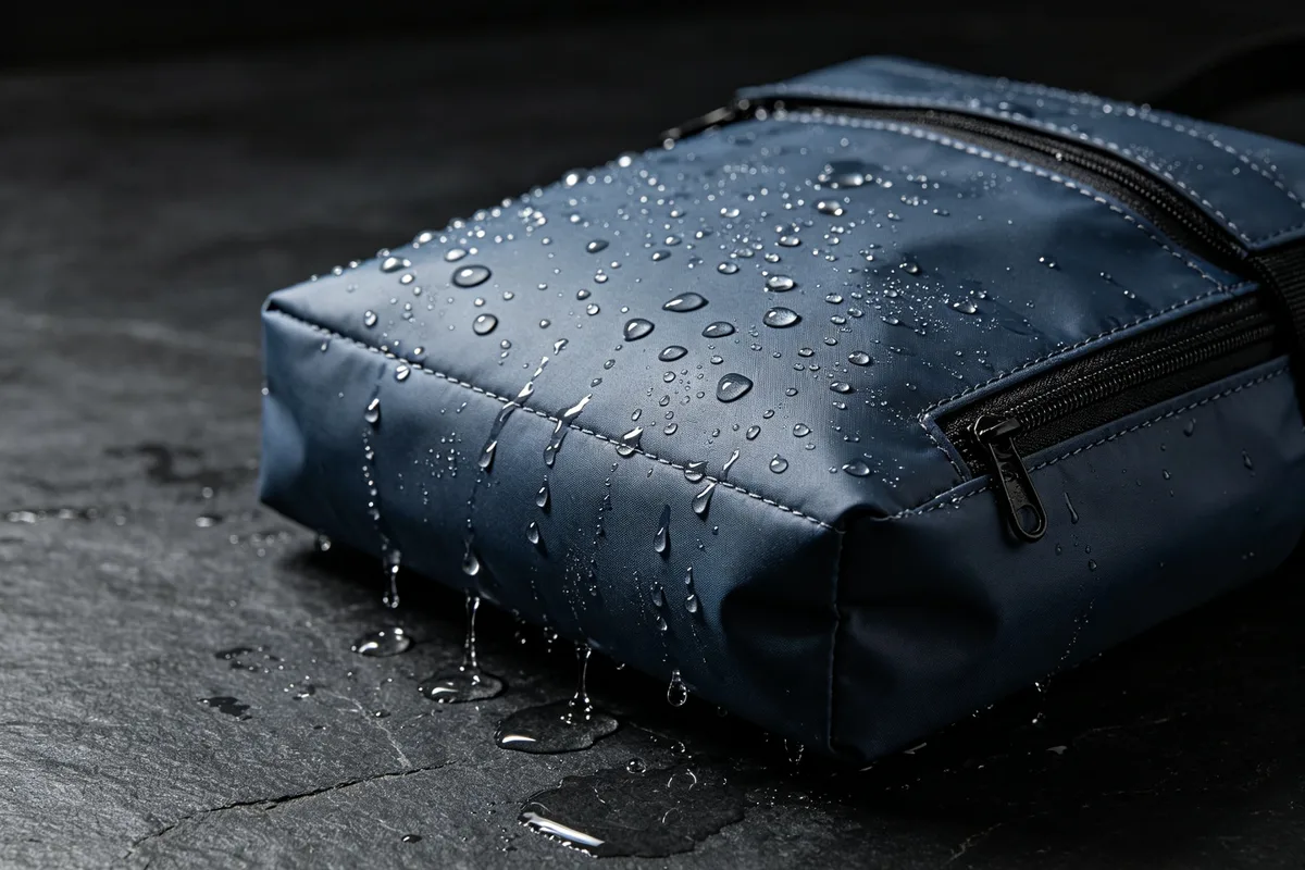 Waterproof custom bag with water droplets beading off the welded surface