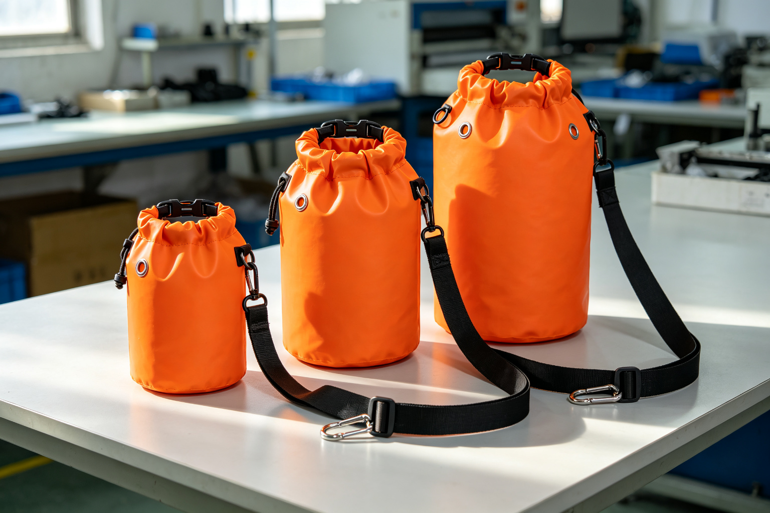 Finished waterproof PVC tarpaulin dry bags in 5L, 10L, and 20L sizes with roll-top closure and shoulder straps on a factory inspection table