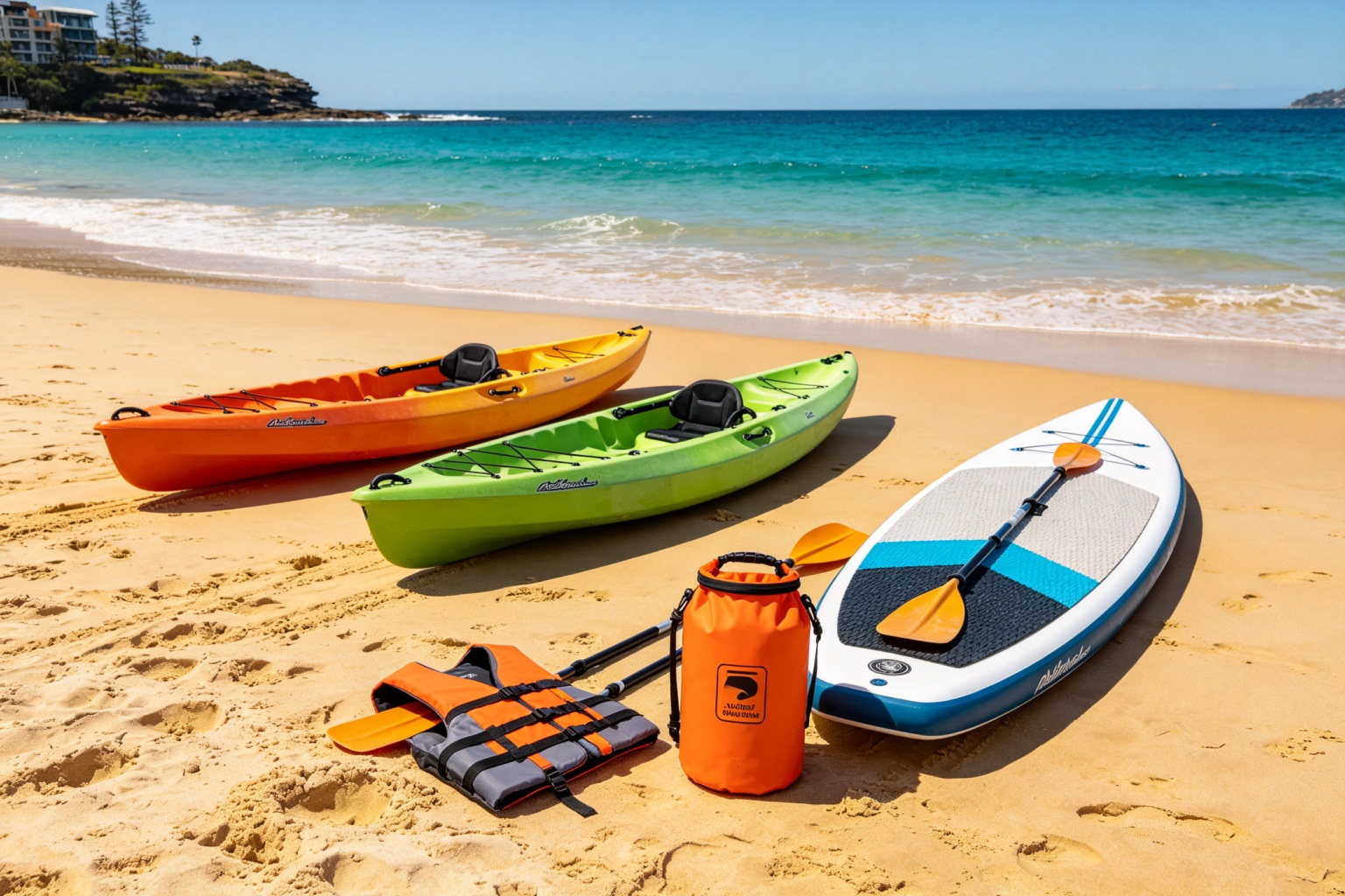 Australian beach and watersports scene with kayaks and paddleboards at a Sydney beach, showing the client's retail environment and customer use case
