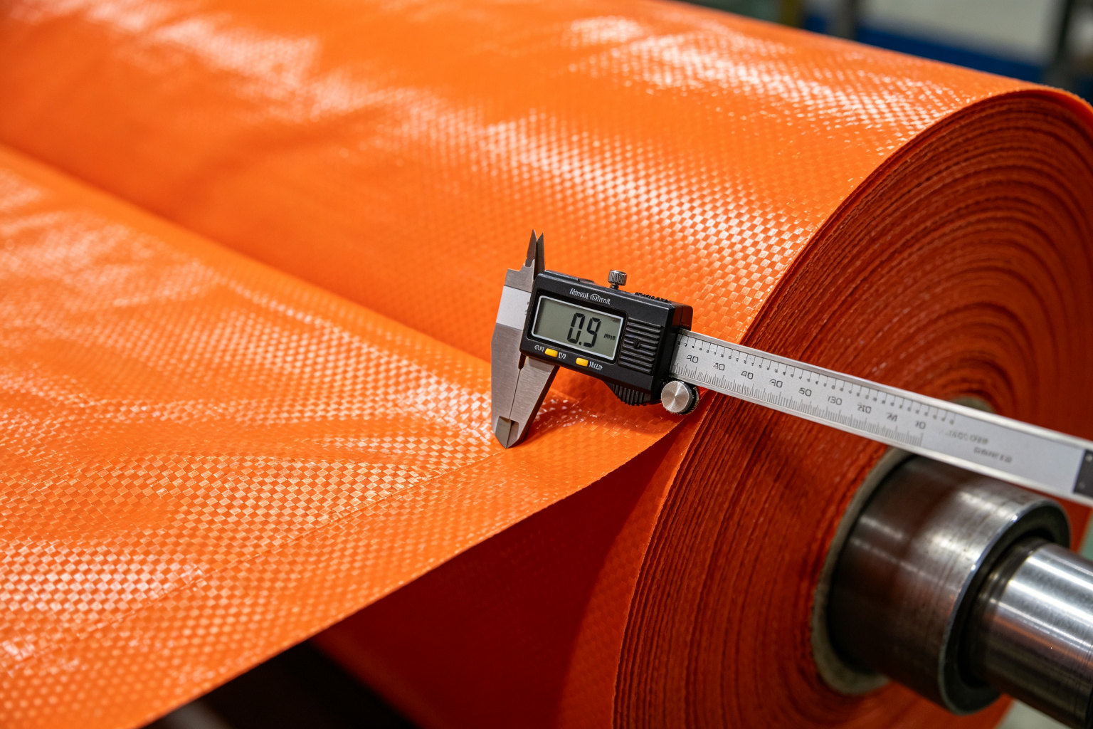 Close-up of 500D PVC tarpaulin material roll showing the polyester mesh fabric laminated between two PVC layers, with material thickness gauge and UV stabilizer label