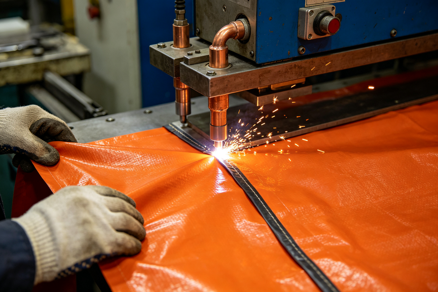Factory worker operating an RF high-frequency welding machine to weld seams of a PVC tarpaulin dry bag, with welding mold, temperature controller, and welded seam detail visible