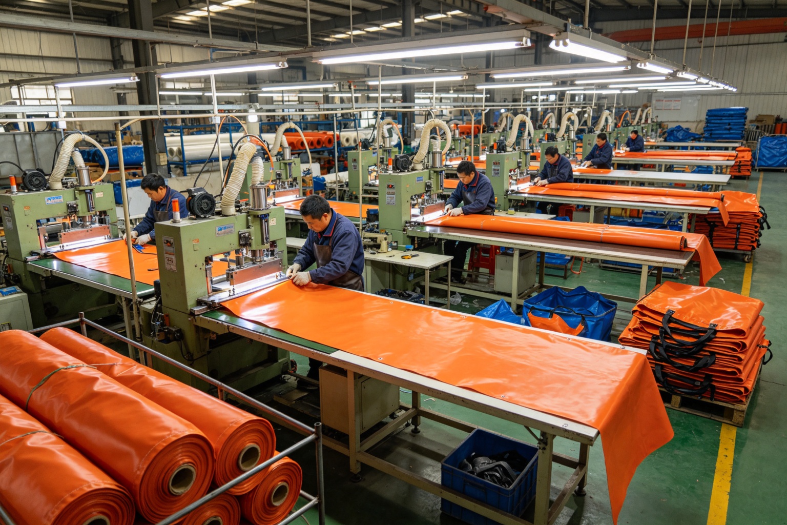 Dry bag production line in a Dongguan factory with RF welding machines, material cutting tables, and assembly stations, with PVC tarpaulin material and welded dry bags visible