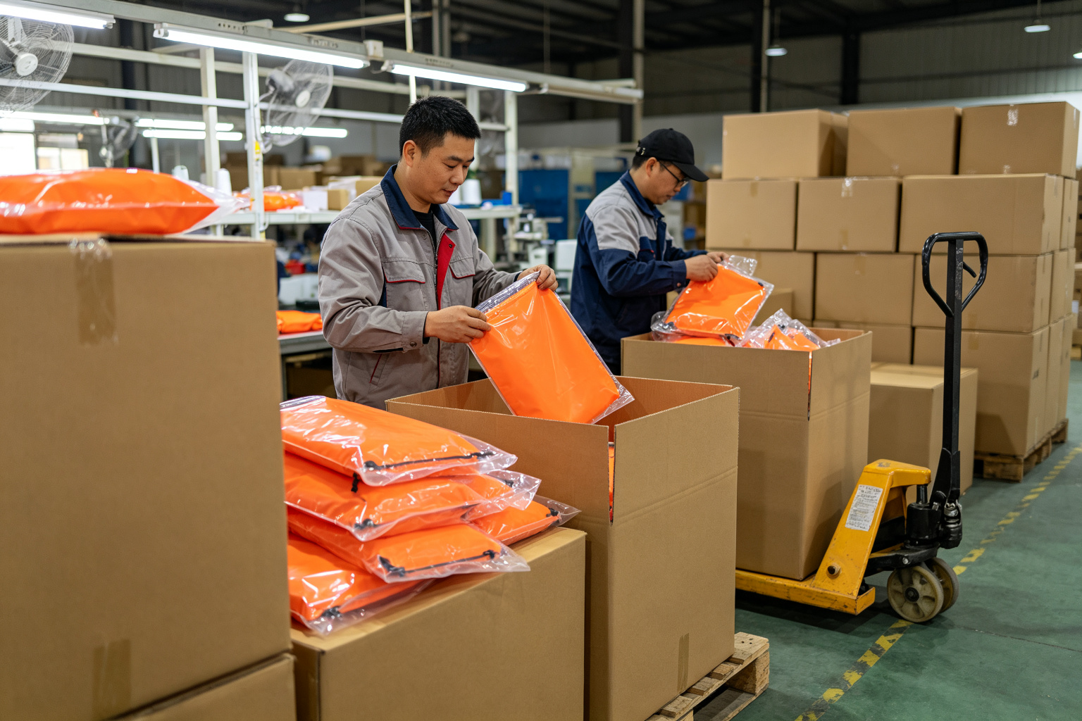 Finished waterproof dry bags being packed into individual polybags and then into 5-layer export cartons, with correct quantity per carton and shipping labels visible