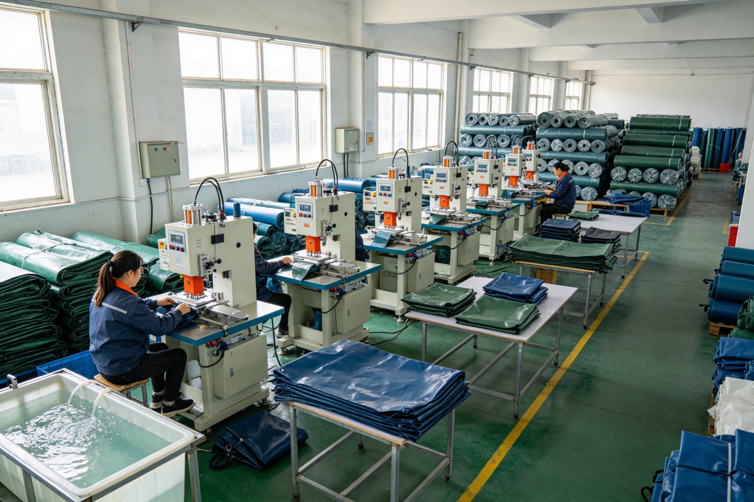 Wide angle view of a waterproof bag manufacturing factory in Dongguan showing RF welding machines, material storage with PVC tarpaulin rolls, and production lines