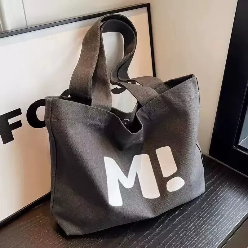 Heavy canvas shopping tote bag with letter print in grey