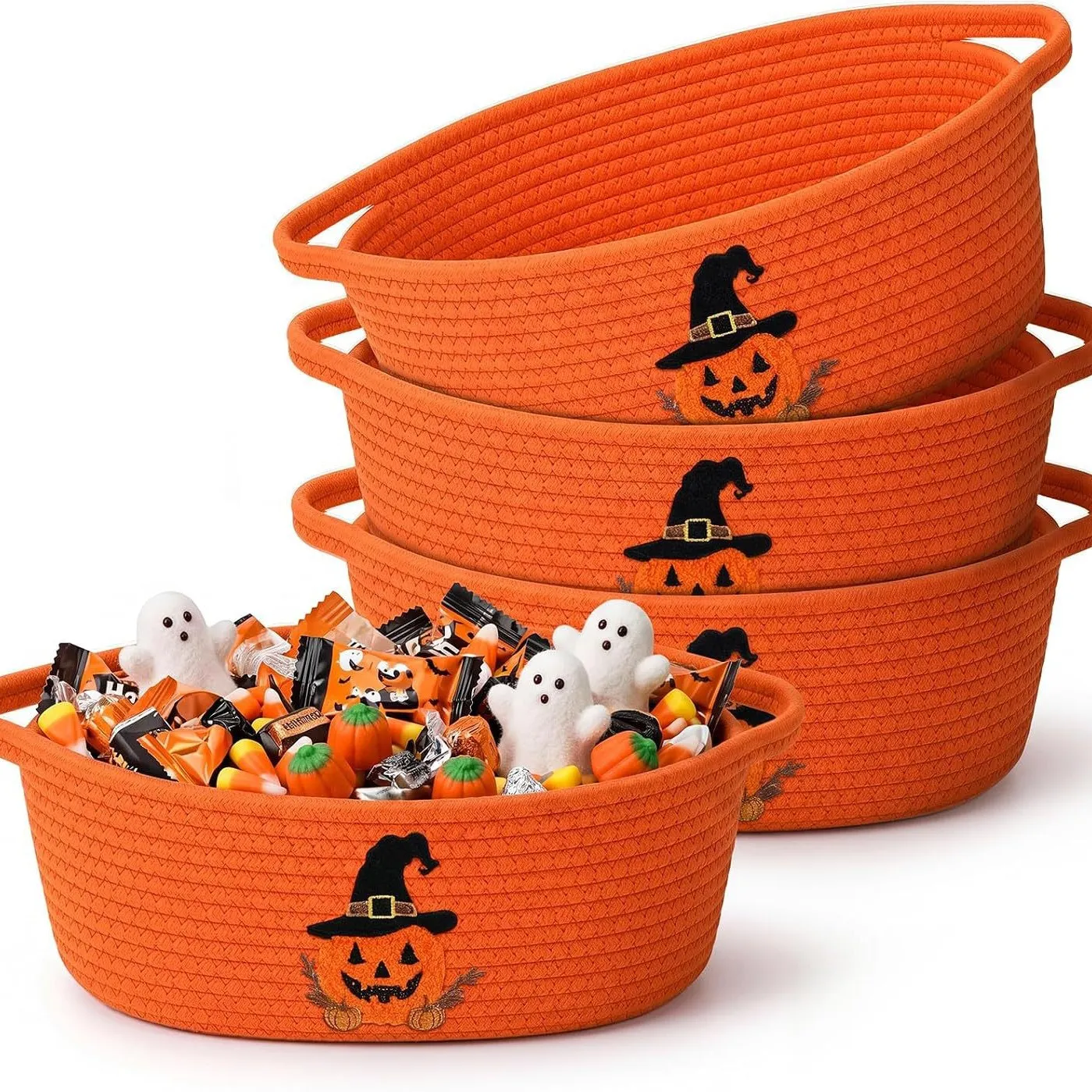 Custom cotton rope Halloween storage basket with pumpkin witch-hat embroidery filled with candy