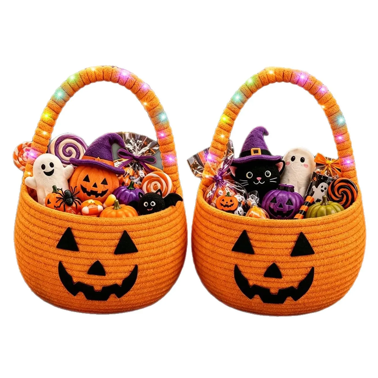 Two orange cotton rope pumpkin baskets lit with fairy lights on Halloween