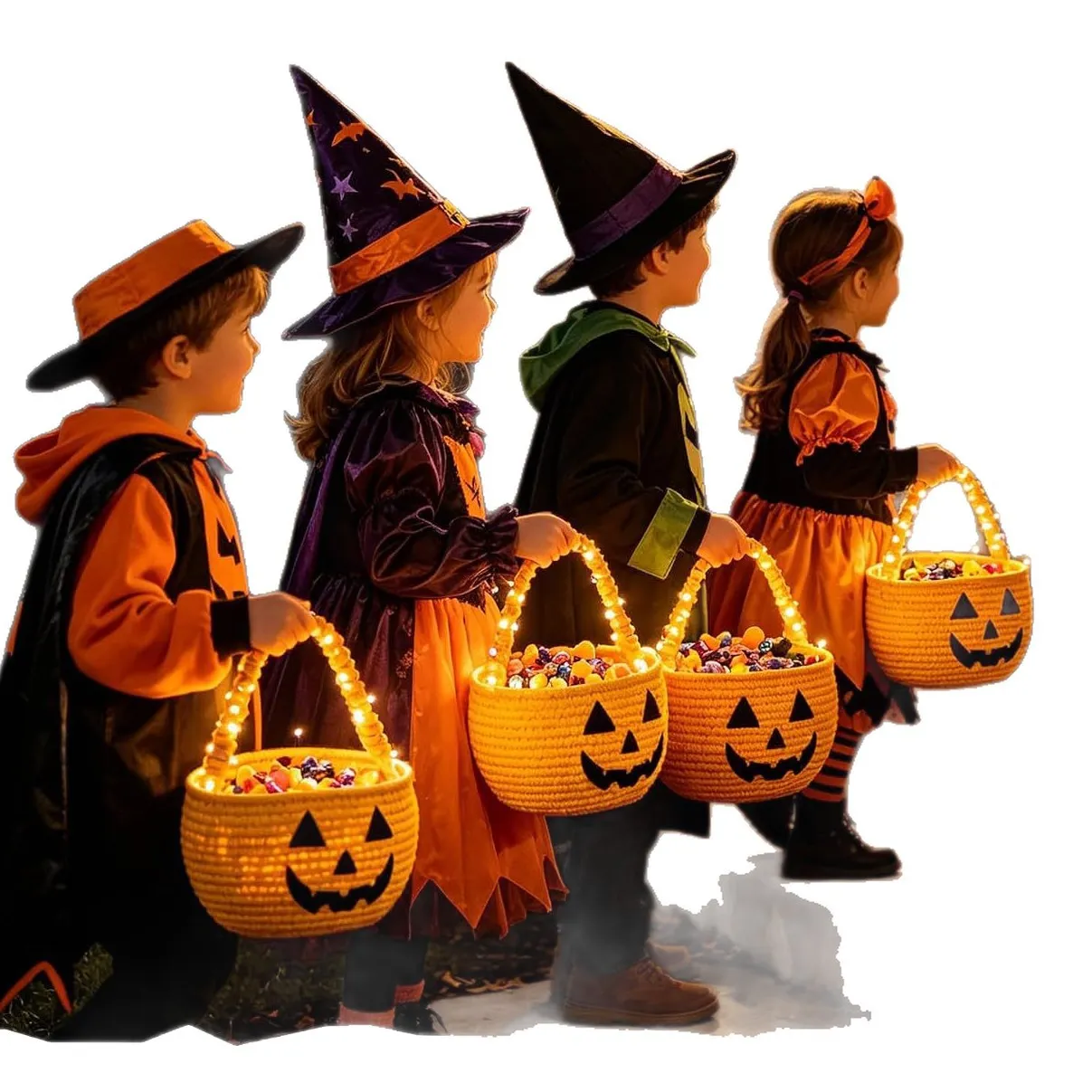 Children in Halloween costumes carrying cotton rope baskets with lights