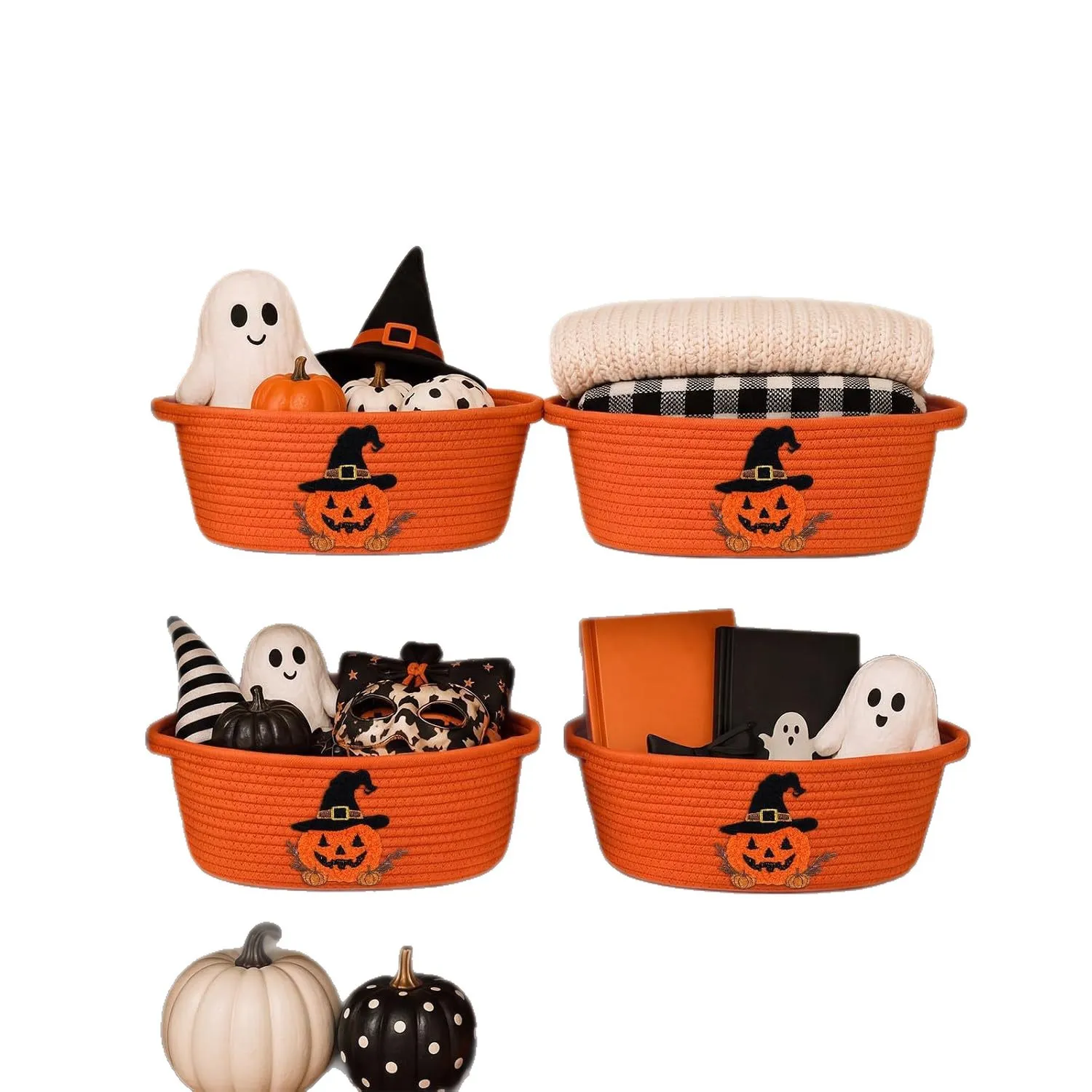 Four orange cotton rope Halloween baskets with different contents on white background