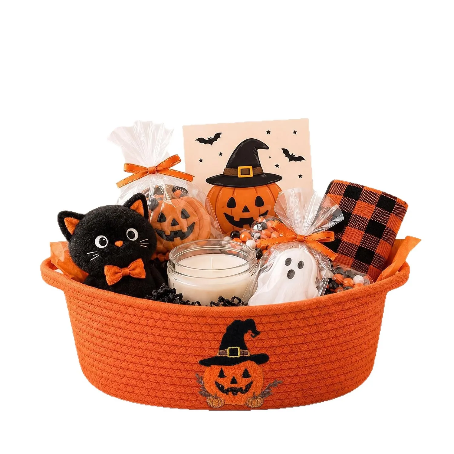 Halloween gift basket with black cat plush, candle and candy in a cotton rope basket