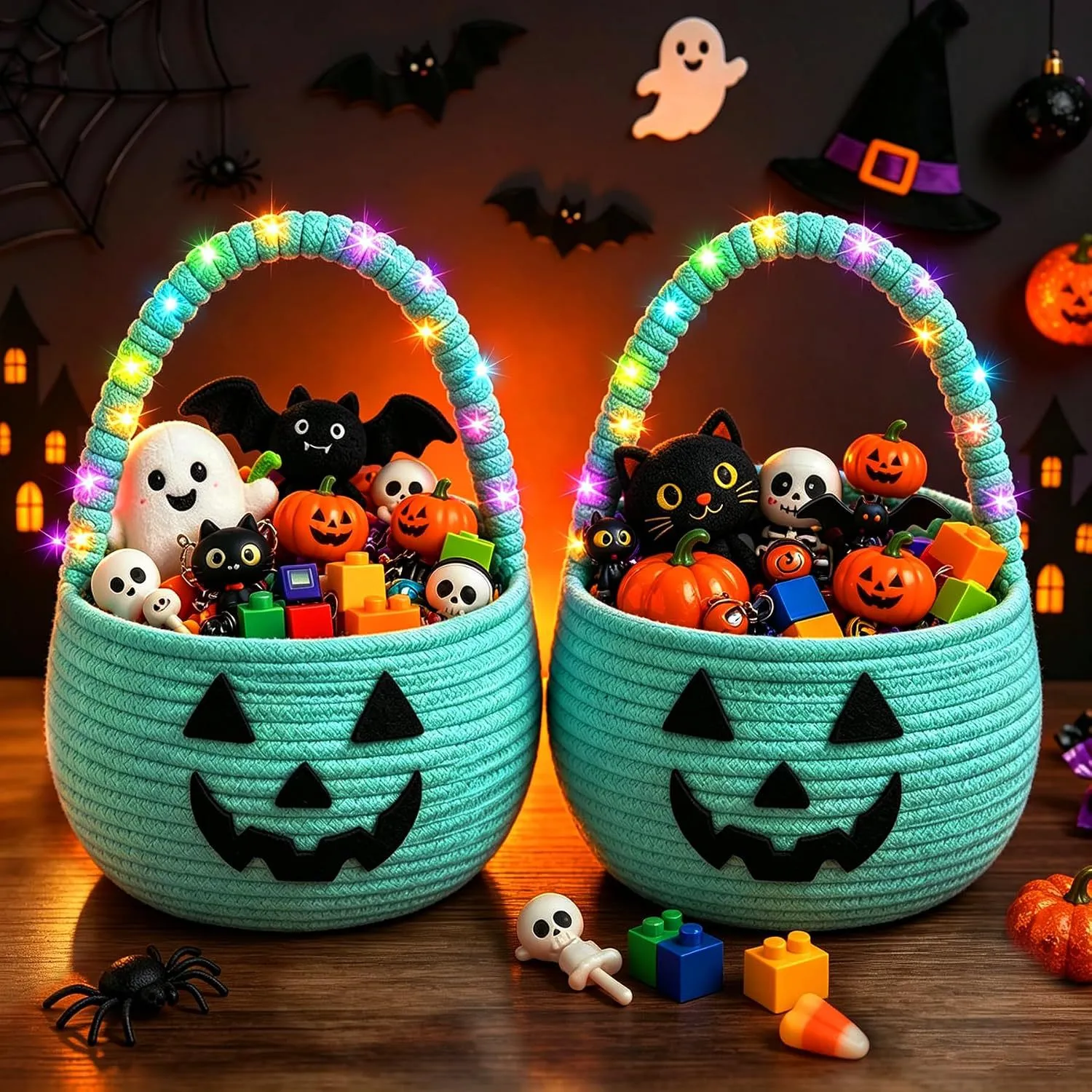 Green cotton rope Halloween baskets with jack-o-lantern faces on a wooden table