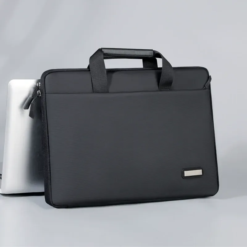 Business laptop briefcase showing braided handle and metal label