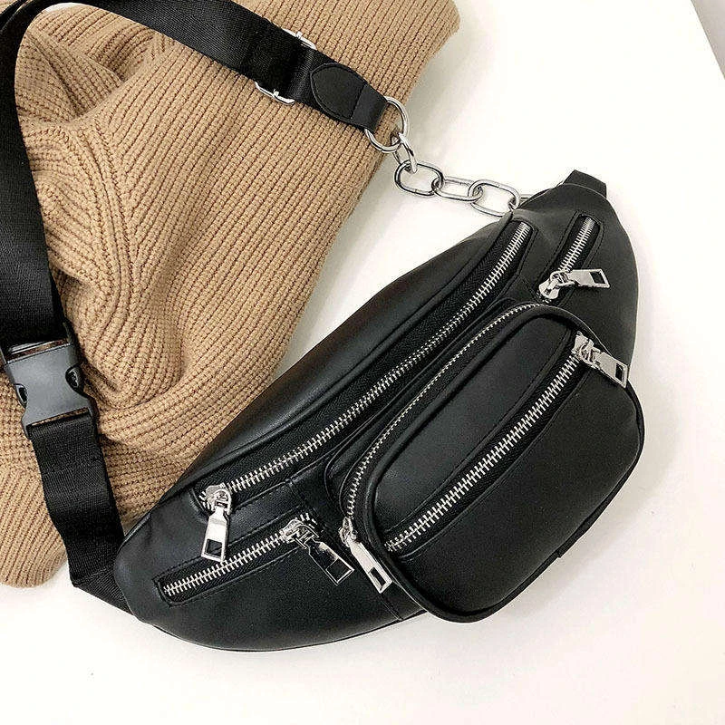 Custom tailored leather crossbody belt bag layout with heavy duty zinc alloy zipper hardware