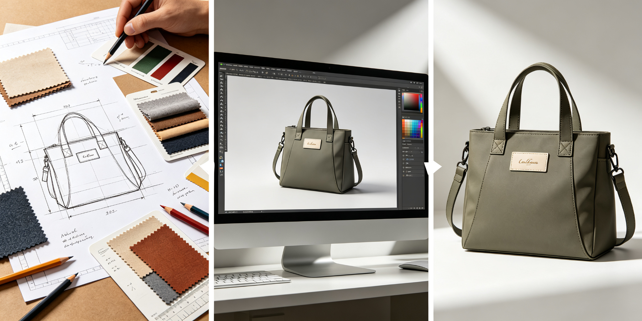 Custom bag design evolution from hand-drawn technical sketch to 3D digital render to finished physical sample
